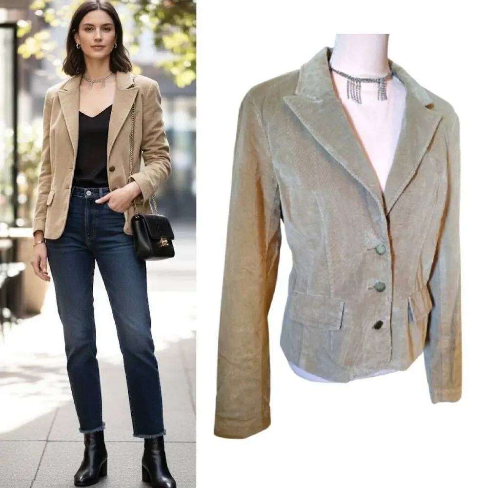 VTG Calvin Klein Beige Corduroy‎ Single Breasted Blazer Large *fits like Medium